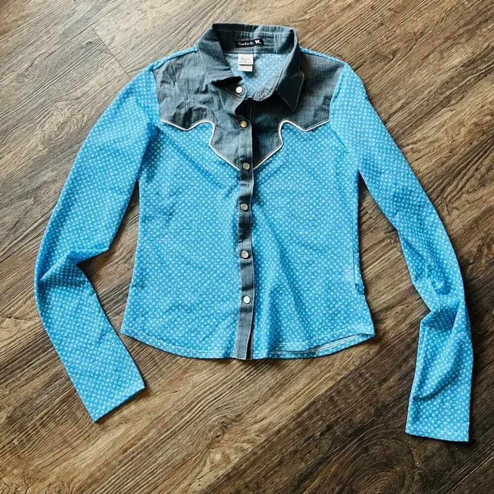 Frankie B. Blue Fitted Button Down Shirt with Notched Collar - Picture 1 of 3